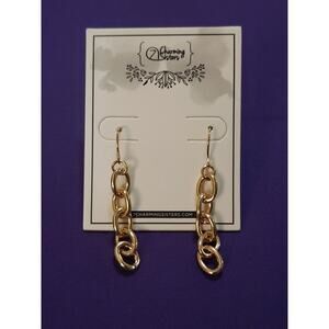 Shiny Yellow Gold Tone Chain Link Dangle Earrings Lightweight Simple Classic New